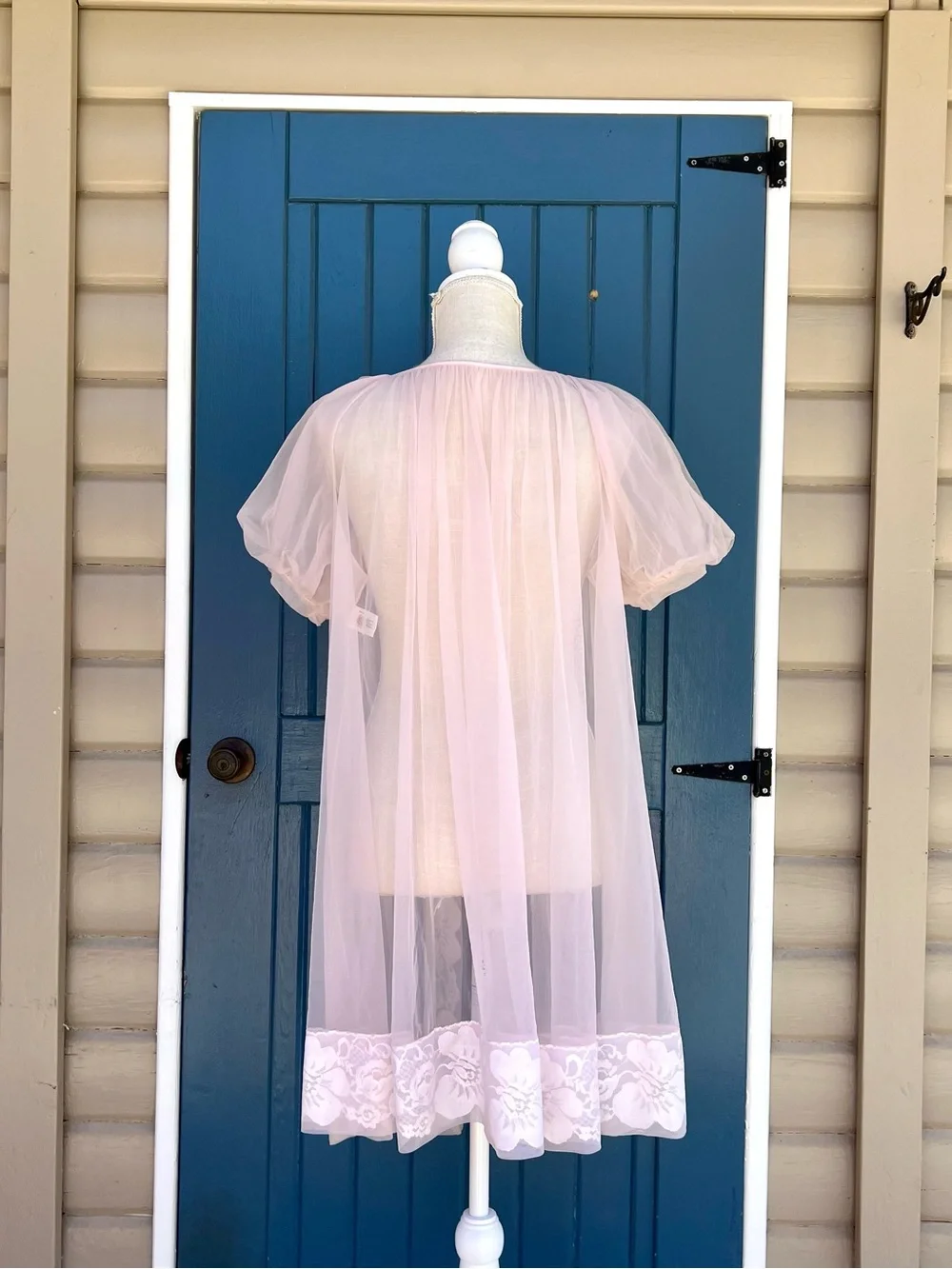 VTG Miss Elaine Sheer Babydoll Nightgown Pink Chiffon Lace Coquette Made in USA